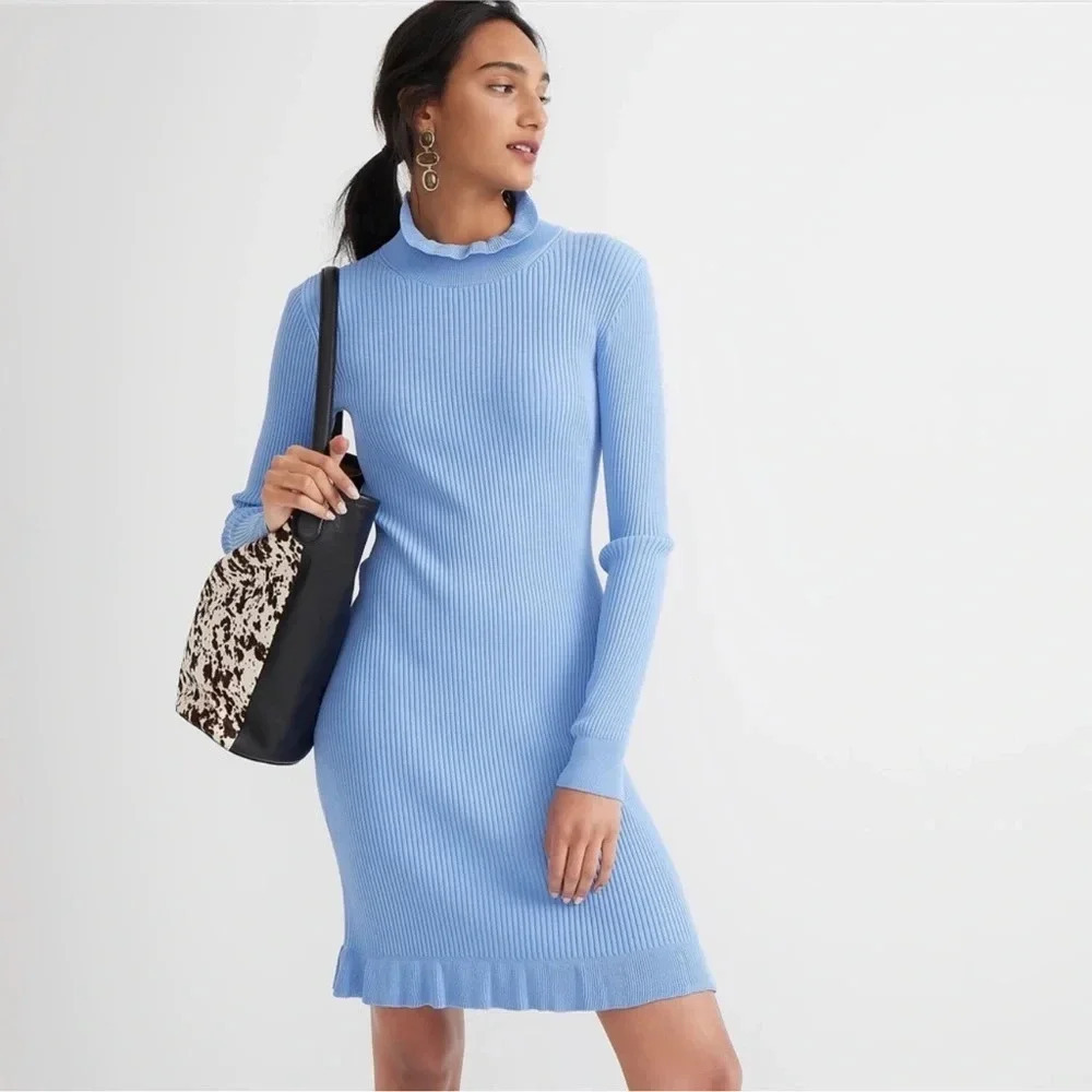 J. Crew Blue Supersculpt ruffleneck mini sweater-dress XL